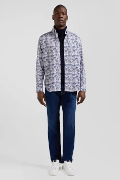 Regular ecru and blue cotton shirt with graphic print