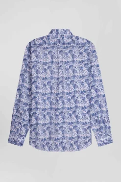Regular ecru and blue cotton shirt with graphic print