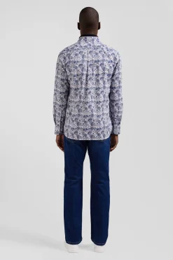 Regular ecru and blue cotton shirt with graphic print