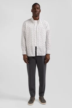 Regular ecru cotton poplin shirt with micro floral print