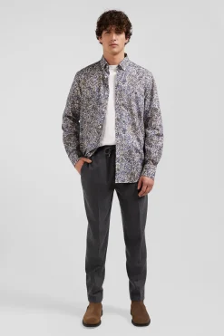 Regular ecru cotton poplin shirt with micro floral print