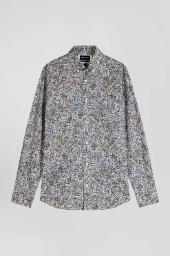 Regular ecru cotton poplin shirt with micro floral print