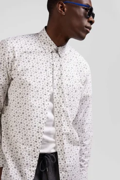 Regular ecru cotton poplin shirt with micro floral print