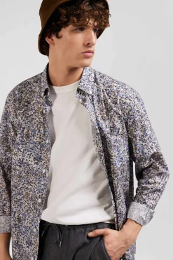 Regular ecru cotton poplin shirt with micro floral print