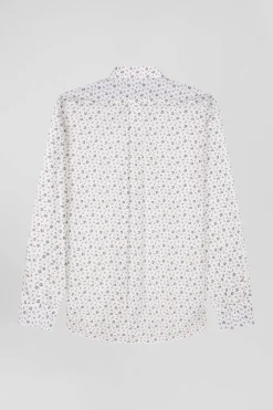 Regular ecru cotton poplin shirt with micro floral print
