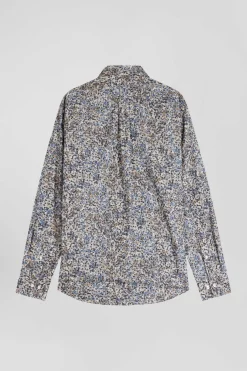 Regular ecru cotton poplin shirt with micro floral print