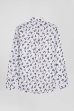 Regular ecru cotton poplin shirt with navy floral print