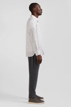 Regular ecru cotton poplin shirt with micro floral print