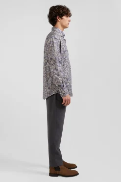 Regular ecru cotton poplin shirt with micro floral print