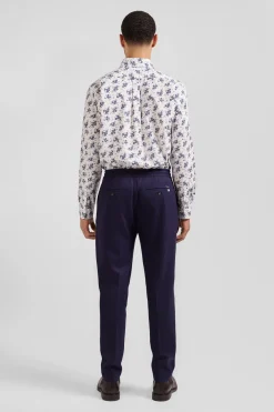 Regular ecru cotton poplin shirt with navy floral print