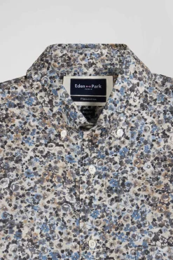 Regular ecru cotton poplin shirt with micro floral print