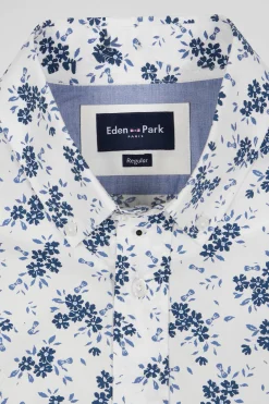 Regular ecru cotton poplin shirt with navy floral print