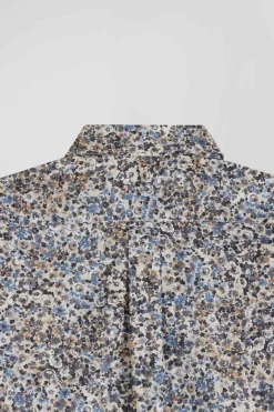 Regular ecru cotton poplin shirt with micro floral print