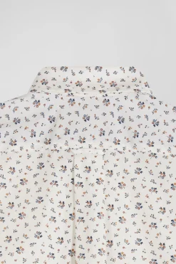 Regular ecru cotton poplin shirt with micro floral print