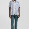 Regular ecru cotton short-sleeved shirt with micro floral print