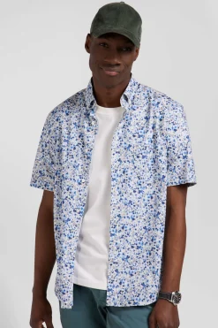 Regular ecru cotton short-sleeved shirt with micro floral print