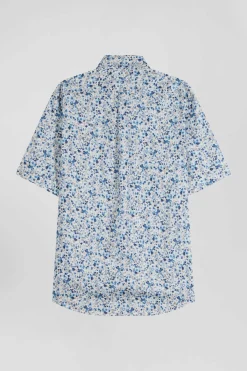 Regular ecru cotton short-sleeved shirt with micro floral print