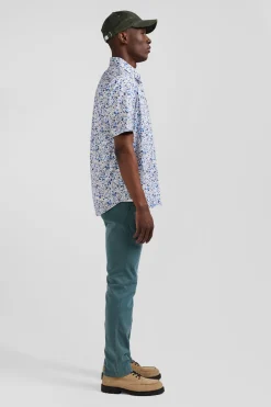 Regular ecru cotton short-sleeved shirt with micro floral print