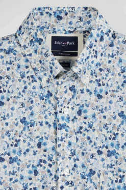 Regular ecru cotton short-sleeved shirt with micro floral print