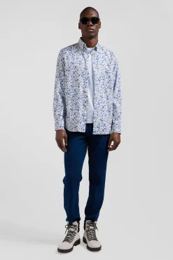 Regular ecru Pima cotton poplin shirt micro floral print