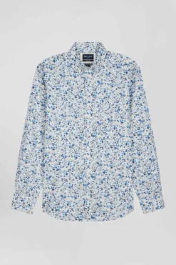 Regular ecru Pima cotton poplin shirt micro floral print