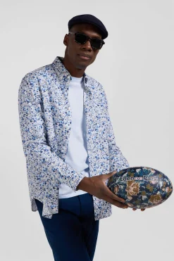 Regular ecru Pima cotton poplin shirt micro floral print