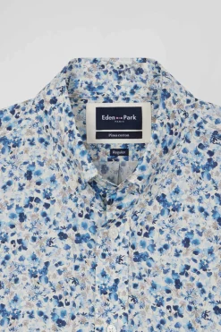Regular ecru Pima cotton poplin shirt micro floral print