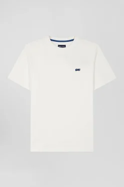 Regular ecru short-sleeved cotton T-shirt with back embroidery