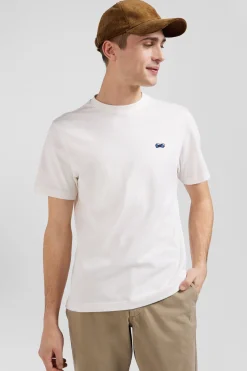 Regular ecru short-sleeved cotton T-shirt with back embroidery
