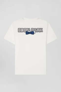 Regular ecru short-sleeved cotton T-shirt with back embroidery