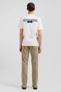 Regular ecru short-sleeved cotton T-shirt with back embroidery