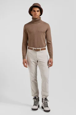 Regular ecru stretch cotton velvet chino trousers