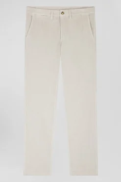 Regular ecru stretch cotton velvet chino trousers