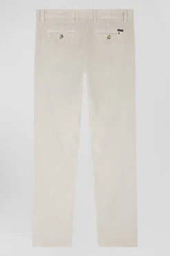 Regular ecru stretch cotton velvet chino trousers