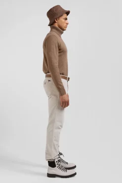 Regular ecru stretch cotton velvet chino trousers