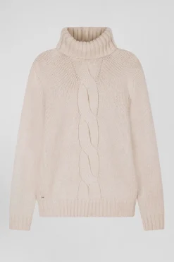 Regular ecru virgin wool and recycled polyamide turtleneck jumper with 3D knitting