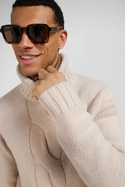Regular ecru virgin wool and recycled polyamide turtleneck jumper with 3D knitting