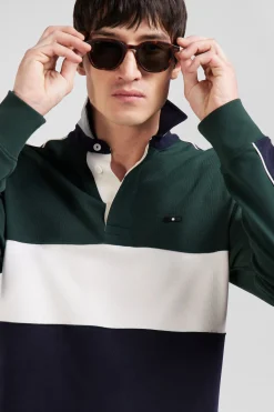 Regular green and navy blue colorblock long-sleeved cotton rugby shirt