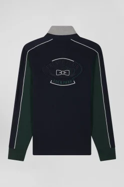 Regular green and navy blue colorblock long-sleeved cotton rugby shirt