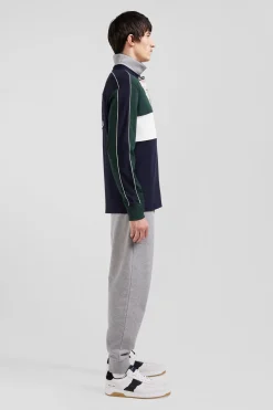 Regular green and navy blue colorblock long-sleeved cotton rugby shirt