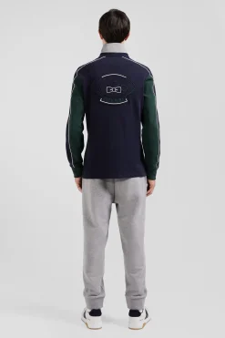 Regular green and navy blue colorblock long-sleeved cotton rugby shirt