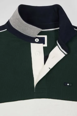 Regular green and navy blue colorblock long-sleeved cotton rugby shirt