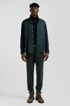 Regular green and navy oxford cotton shirt with back embroidery