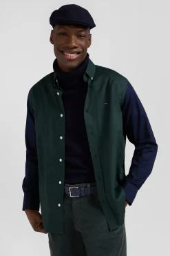 Regular green and navy oxford cotton shirt with back embroidery
