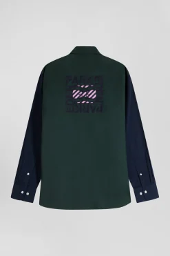 Regular green and navy oxford cotton shirt with back embroidery