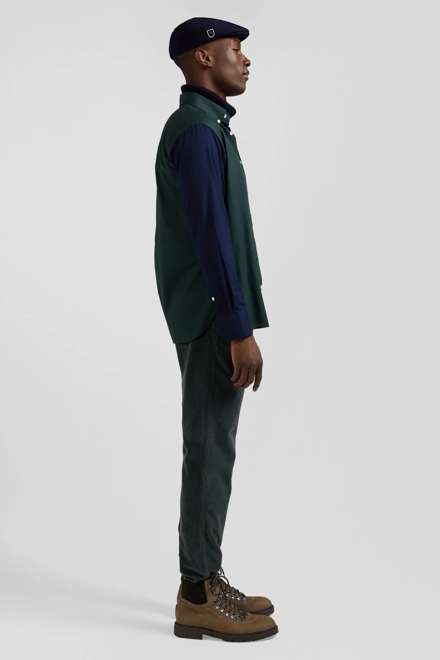 Regular green and navy oxford cotton shirt with back embroidery