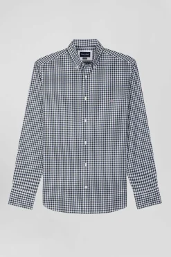 Regular green and white checked cotton poplin shirt