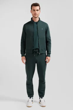 Regular green brushed cotton fleece sweatshirt with high top collar