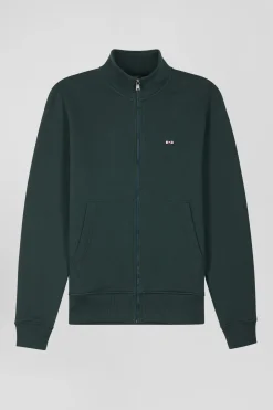 Regular green brushed cotton fleece sweatshirt with high top collar