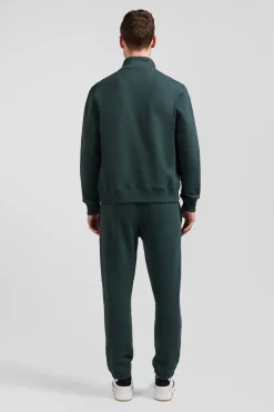 Regular green brushed cotton fleece sweatshirt with high top collar